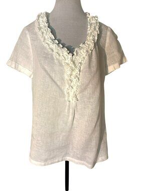 Talbots White Linen Ruffle V-Neck Short Sleeve Blouse  Size 6